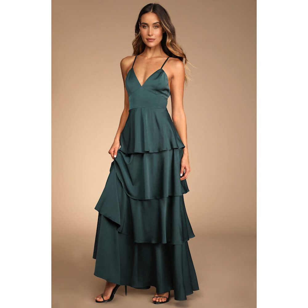 Lulus Going With Elegance Emerald Green Satin Tiered Maxi Dress
